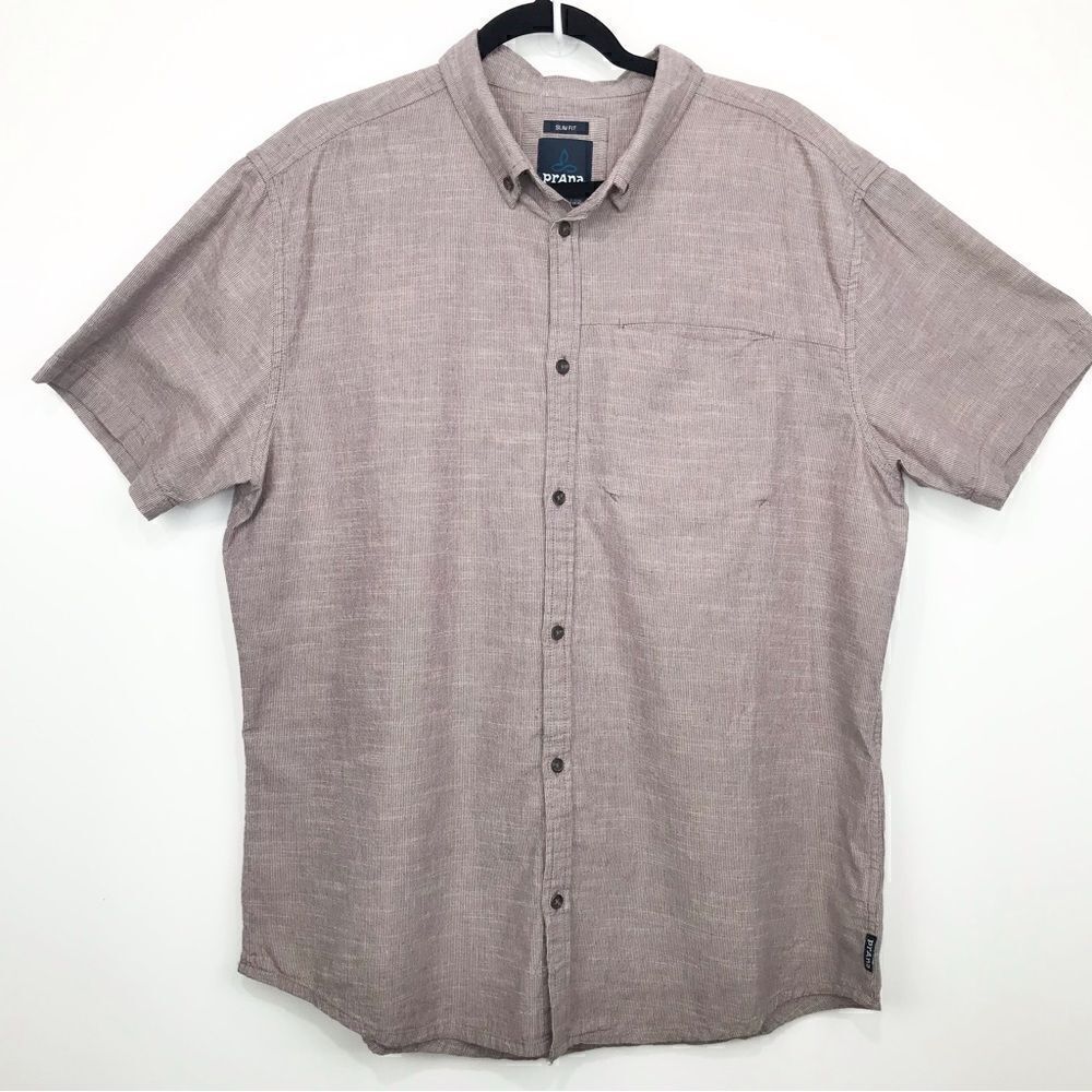 Prana Slim Fit Button Down Short Sleeve Maroon Micro Stripe Shirt